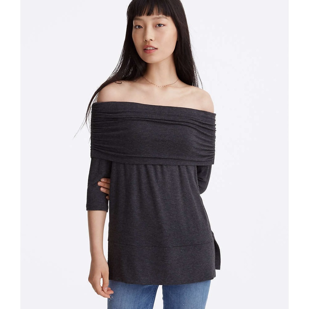 Lou & Grey Knit Top Womens XS Dark Gray Ruched Off Shoulder Soft Stretch *